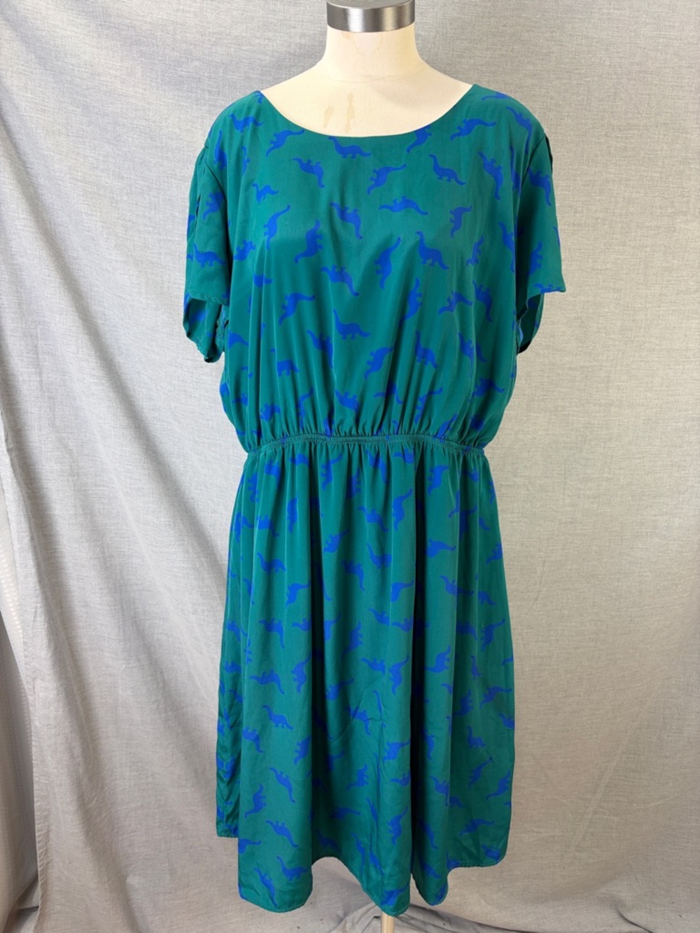 Peach Love California Teal Blue Dinosaur Print Blouson Midi Dress Plus 3XL